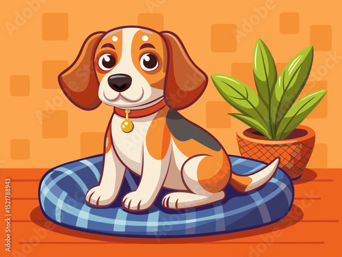 vector of Cute beagle dog with soft checkered pillow sitting on pet bed near orange wall
