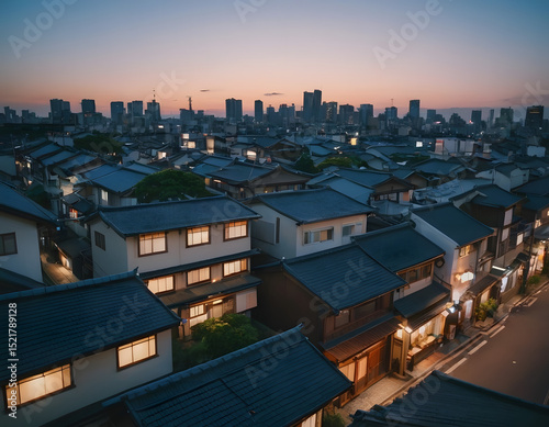 a beautiful Japanese city of Tokyo in the evening. houses on the street. anime cartoonish art style. cozy lofi asian architecture, street at night