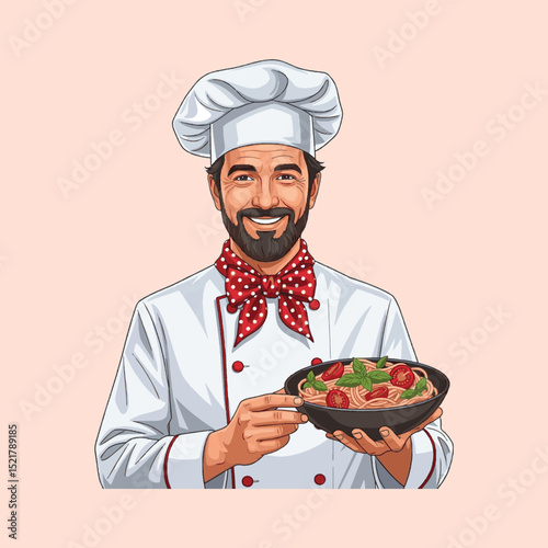 Professional chef smiling while presenting a dish of spaghetti. He wears a traditional white chef's uniform and hat, his friendly expression inviting viewers to savor the meal