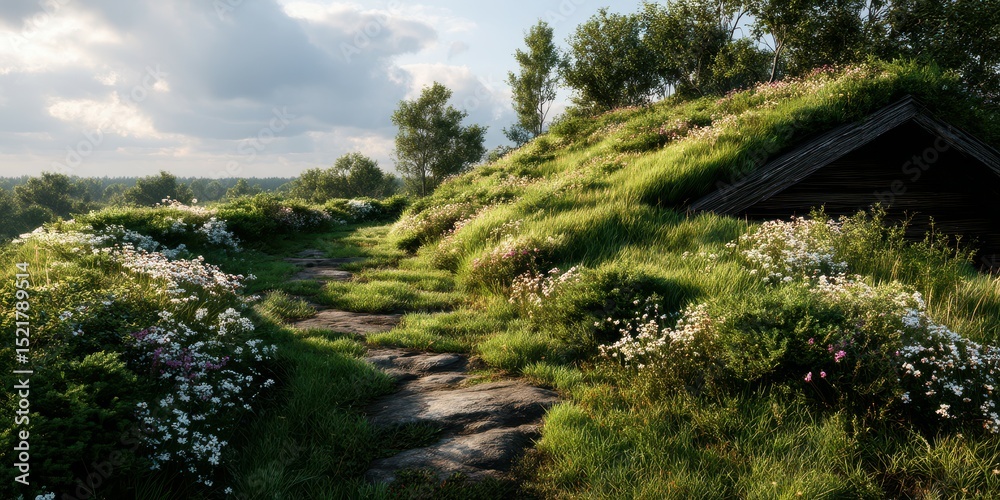 Fototapeta premium A serene pathway through lush greenery and blooming wildflowers in a tranquil landscape during daylight hours