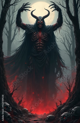 Dark illustration featuring evil entity. Sinister demon rising from infernal place, skulls on ground, red glowing mist, full moon. Illustration creates spooky gothic, horror atmosphere. Great for
