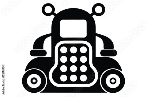 Stylized Black Robot Illustration With Round Antennae, Screen, and Circular Wheels Graphic Element
