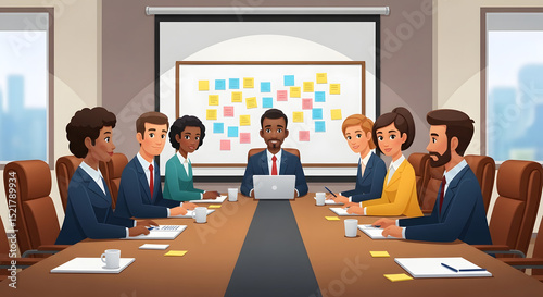 Cartoon vector of a diverse team around a long conference table. Focus on group near the head where a large board is filled with sticky notes. Projector screen blurred in background, leather chairs.