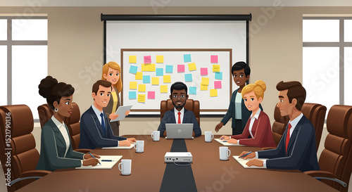 Cartoon vector of a diverse team around a long conference table. Focus on group near the head where a large board is filled with sticky notes. Projector screen blurred in background, leather chairs.