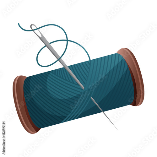 Spool of blue thread and needle. Working tool for sew and needlework. Vector illustration.