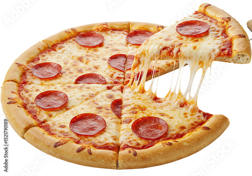 Deliciously baked pepperoni pizza with melted cheese being lifted presenting its cheesy goodness Isolated on transparent background