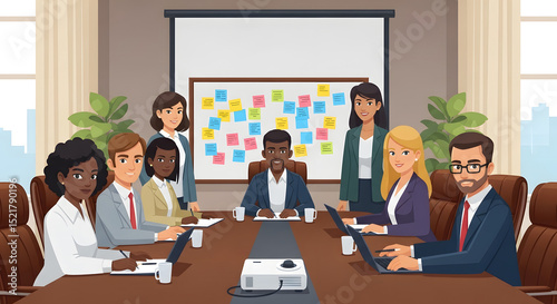Cartoon vector of a diverse team around a long conference table. Focus on group near the head where a large board is filled with sticky notes. Projector screen blurred in background, leather chairs.