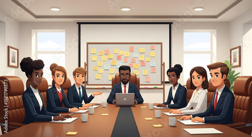 Cartoon vector of a diverse team around a long conference table. Focus on group near the head where a large board is filled with sticky notes. Projector screen blurred in background, leather chairs.