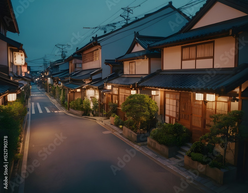 a beautiful Japanese city of Tokyo in the evening. houses on the street. anime cartoonish art style. cozy lofi asian architecture, street at night