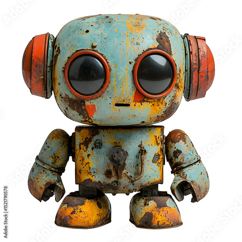 A vintage metal wind-up toy, showing signs of rust and wear, isolated on a white background, soft lighting emphasizing its weathered appeal.