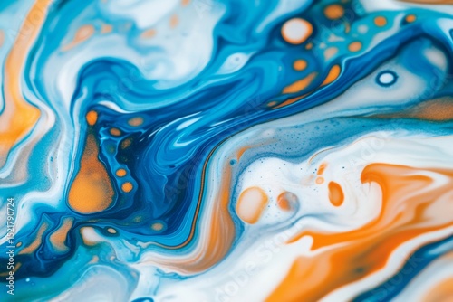 Close-up view reveals a mesmerizing blend of blue, orange, and white swirling together in an abstract fluid art piece. The marbled texture captivates with its vibrant details and colors