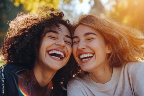 Two friends sit side by side on a park bench, laughing heartily under the warm sun. Their genuine smiles reflect a deep bond as they enjoy their time outdoors