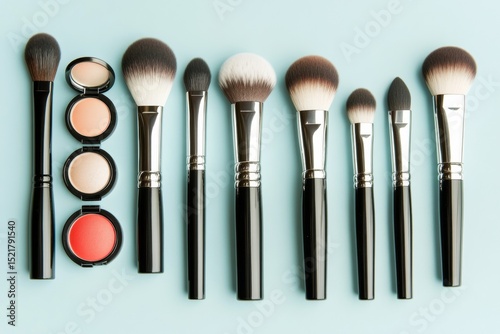 An aesthetically pleasing arrangement showcases various beauty products alongside makeup brushes on a soft blue background, emphasizing their elegance and appeal