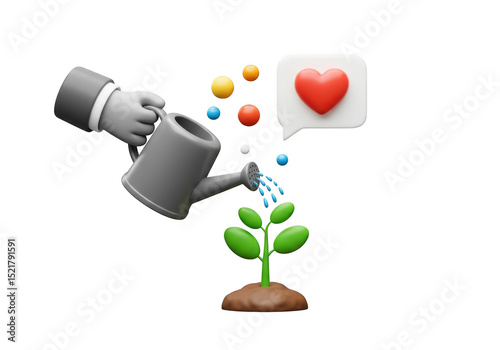 Hand watering growing plant with love and colorful bubbles