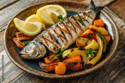 Freshly grilled mackerel is plated with colorful roasted vegetables and garnished with lemon wedges, creating a vibrant and appetizing dish suitable for a gourmet meal