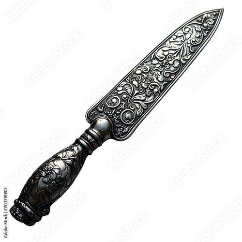 A vintage silver-plated cake server with intricate patterns, isolated on a white background, soft lighting to highlight the tarnished metal.