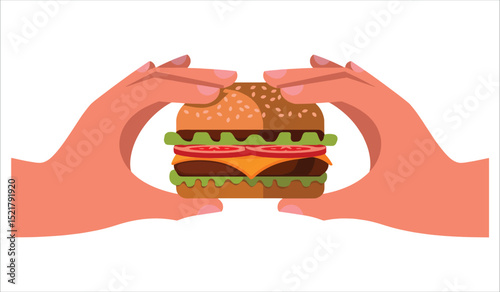 Burger in hands vector art, isolated on white. Perfect for food delivery, diner themes, and junk food visuals.
