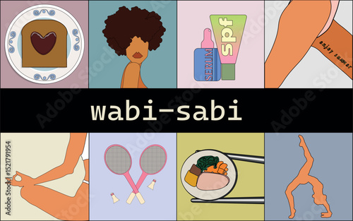 set of vector illustration woman lifestyle. Toast with jam on a cute plate, woman with afro curls, beauty products for the skin, yoga pose, female body, badminton, kimbap, delicious food, healthy life