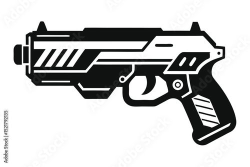 Stylized Black Silhouette of Futuristic Handgun with Intricate Details and Sharp Lines