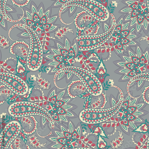 Madhubani, Kalamkari, Chinz, and Kani seamless pattern. Shirting fabric, Ajrakh and Ikat styles. Patola backdrop. Floral allover design