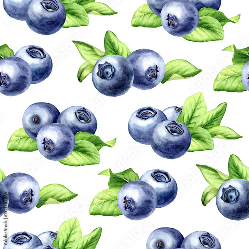 Blueberry seamless pattern. Hand drawn watercolor illustration, isolated on white background.tif