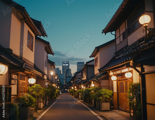 a beautiful Japanese city of Tokyo in the evening. houses on the street. anime cartoonish art style. cozy lofi asian architecture, street at night