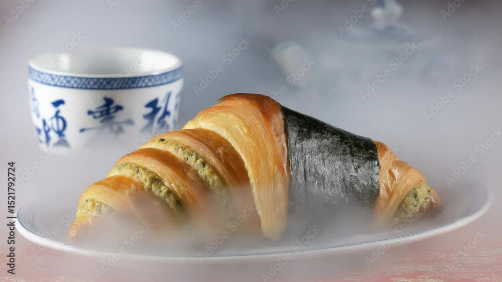 Steaming croissant and teapot arrangement with traditional chinese decor