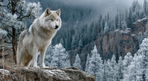 Majestic Wolf Standing on Rocky Outcrop Overlooking Snowy Forest, Symbolizing Wilderness Conservation and Environmental Stewardship : Generative AI photo