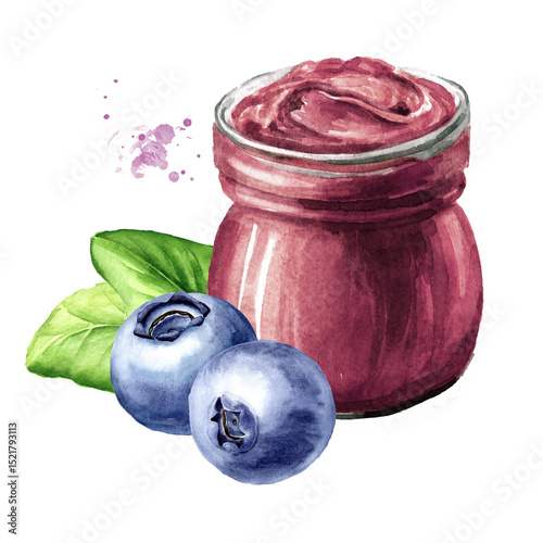 Glass Jar with blueberry jam. Hand-drawn watercolor illustration isolated on white background