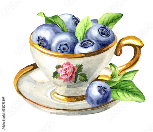 Vintage cup with Fresh Blueberries. Watercolor hand painted illustration, isolated on white background
