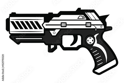 Futuristic Black and White Handgun Illustration with Detailed Design Elements and Style
