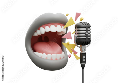 3d render open mouth singing into retro microphone