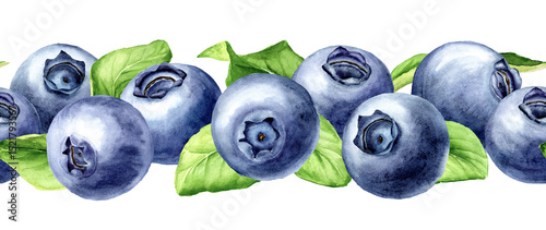 Blueberry seamless border. Hand drawn watercolor illustration, isolated on white background.tif