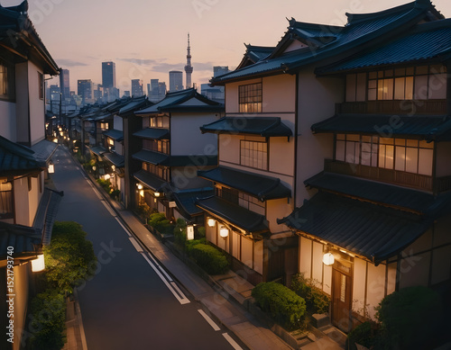 a beautiful Japanese city of Tokyo in the evening. houses on the street. anime cartoonish art style. cozy lofi asian architecture, street at night
