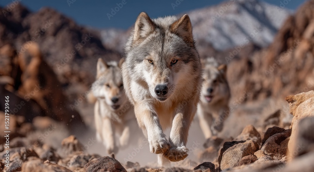 Obraz premium Wolf Pack Running Through Rocky Desert Landscape, Symbolizing Teamwork and Wildlife Conservation Efforts : Generative AI
