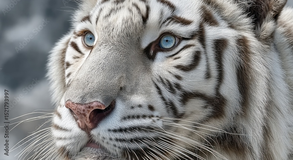 Obraz premium Close-Up of a White Tiger's Face With Piercing Blue Eyes, Symbolizing Endangered Wildlife Conservation and Environmental Awareness : Generative AI
