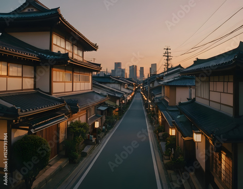a beautiful Japanese city of Tokyo in the evening. houses on the street. anime cartoonish art style. cozy lofi asian architecture, street at night