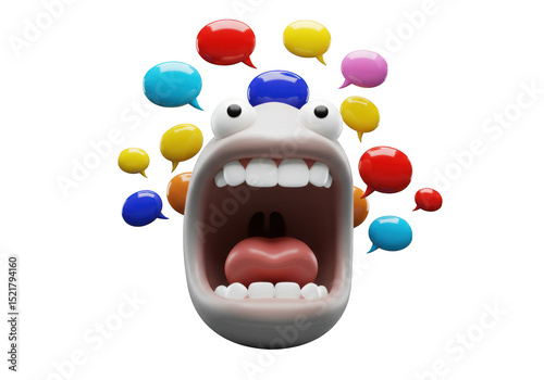 3d cartoon character with open mouth and speech bubbles