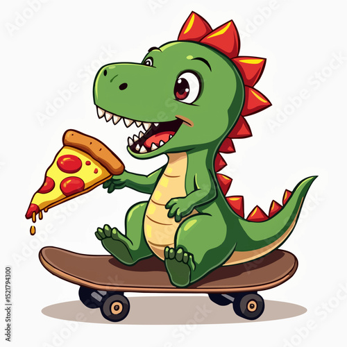 Vector drawing for children t-shirt. 
Green cute baby dinosaur
with triangular piece of pizza on skateboard on white background. 
Design for textile, paper, fabric, 
kids clothing.