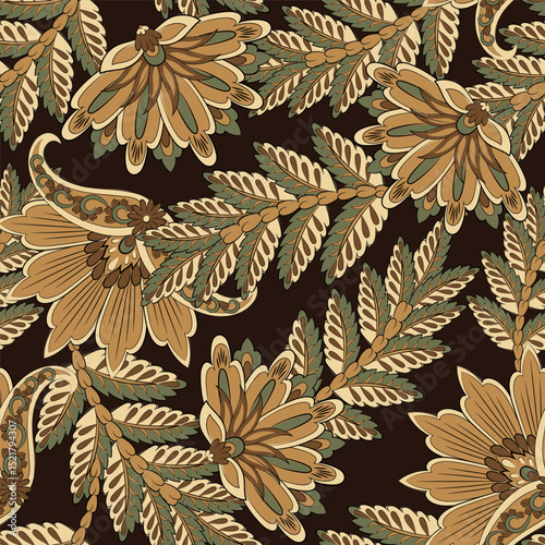 paisley seamless vector pattern with fantastic flowers and leaves. Bohemian textile print inspired by batik. Vintage style