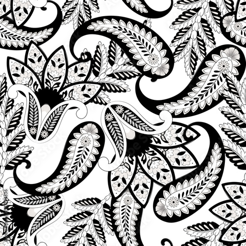 Paisley vector seamless design featuring stunning flowers and leaves in a batik-inspired style. Vintage backdrop