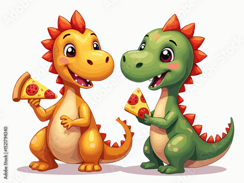 Vector drawing for children t-shirt. 
Green and yellow cute baby dinosaurs
with triangular piece of pizza on white background. 
Design for textile, paper, fabric, 
kids clothing.