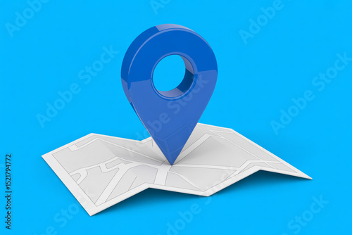 3D Render of a Blue Location Pin on a Folded Map