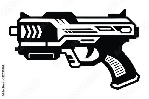 Futuristic Black and White Handgun Illustration with Intricate Design Elements and Smooth Curves
