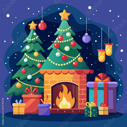 Festive Christmas illustration with decorated trees, fireplace, gifts, and snowfall in cozy indoor setting, flat cartoon vector style for holiday season and winter celebration
