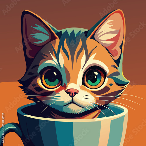 Cute stylized vector illustration of a wide-eyed kitten sitting inside a teacup with warm colors and soft shading perfect for greeting cards children’s art and playful cat-themed designs
