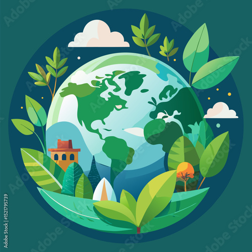 Sustainable Earth illustration with planet surrounded by green trees, plants, and small house, flat vector design representing eco living, environmental care, and nature conservation
