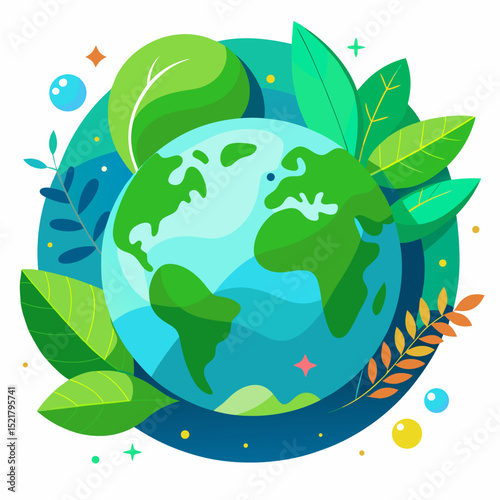 Eco-friendly Earth illustration with green leaves surrounding the planet, flat vector design symbolizing environmental protection, sustainability, and nature conservation
