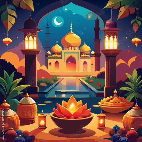 Festive vector illustration of an illuminated palace with glowing lanterns traditional food and lotus flowers under a crescent moon perfect for Diwali celebration and cultural holiday designs
