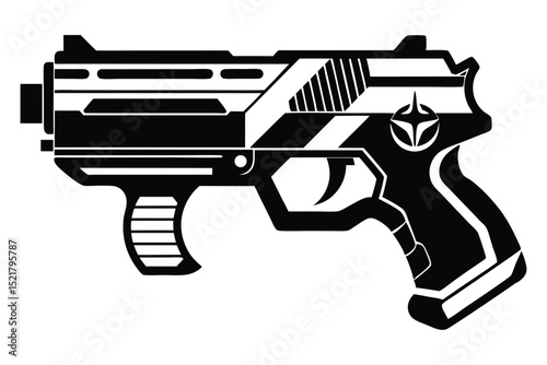 Sleek Black and White Futuristic Gun Silhouette with Star Symbol Design Element